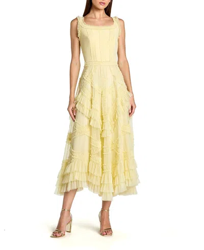 Mac Duggal Scoop Neck Sleeveless Mesh Micro Ruffle Midi Dress In Yellow
