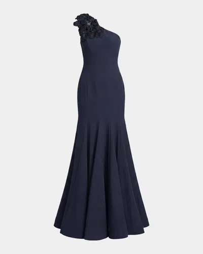 Mac Duggal Seamed Crepe One-shoulder Gown In Midnight