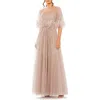 Mac Duggal Embellished A Line Dress With Feather Detail Cape In Mocha