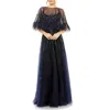 Mac Duggal Embellished A Line Dress With Feather Detail Cape In Navy