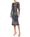 Mac Duggal Sequined Asymmetrical Floral Long Sleeve Midi Dress In Midnight