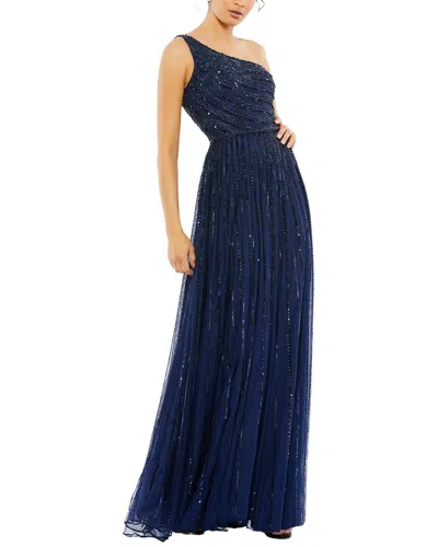 Mac Duggal Sequin Beaded Mesh One Shoulder A-line Gown In Blue