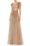 Mac Duggal Sequined Wrap Over Ruffled Cap Sleeve Gown In Copper