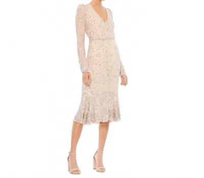 Mac Duggal Sequin Dress With Embellished Hemline And Belt In Nude Silver In Gray