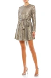 Mac Duggal Sequin Embellish Long Sleeve High Neck Mini Dress In Taupe