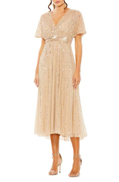 Mac Duggal Empire Waist Embellished Short Sleeve Dress In Neutral