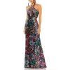 Mac Duggal Sequin Embellished Crossover Halter Neck Gown In Black Multi