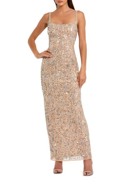 Mac Duggal Sequin Embellished Square Neck Sleeveless Column Gown In Neutral
