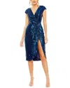 Mac Duggal Sequin Faux Wrap Front Slit Dress In Blue