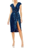 Mac Duggal Sequin Faux Wrap Front Slit Dress In Midnight
