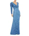 Mac Duggal Long Sleeve Sequin Trumpet Gown In French Blue