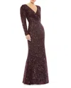 Mac Duggal Puff Shoulder Sequined Surplice Gown In Mahogany