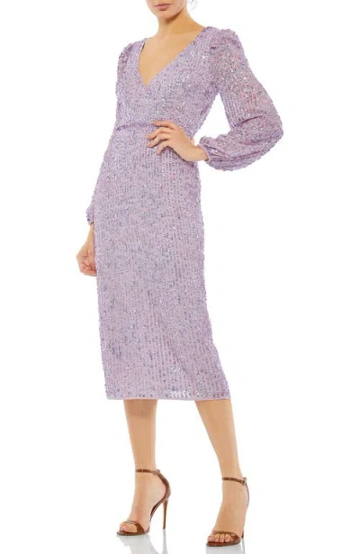 Mac Duggal Sequin Faux Wrap V Neckline Cocktail Dress With Puff-shoulder Sleeves In Lavender