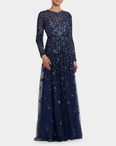 Mac Duggal Sequin Floral Applique A-line Gown In Blue