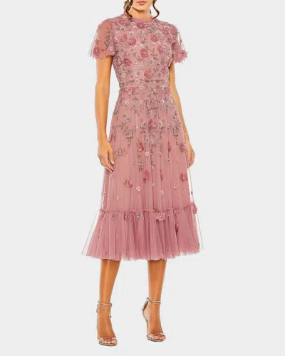 Mac Duggal Sequin Floral Applique Tulle Midi Dress In Pink