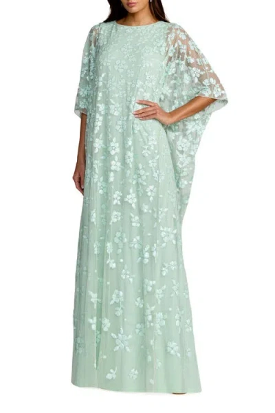 Mac Duggal Sequin Floral Cape Sleeve Caftan Gown In Green