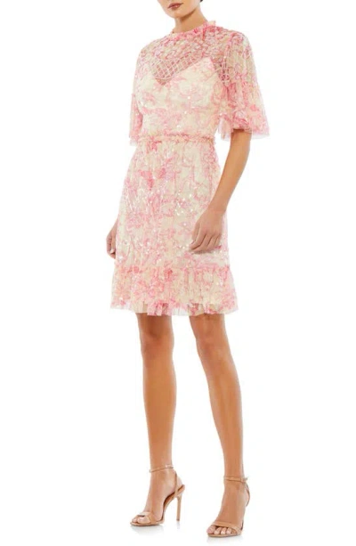 Mac Duggal Flounce Sleeve Floral Embellished Dress In Blush Multi