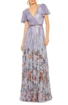 Mac Duggal Sequin Floral Flutter Sleeve Gown In Lilac