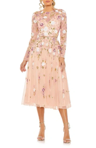 Mac Duggal Sequin Floral Long Sleeve Mesh Dress In Blush