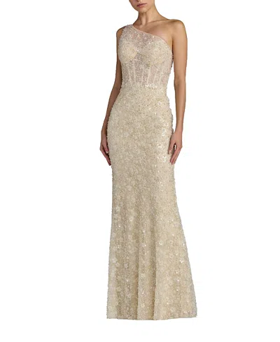 Mac Duggal Sequin Floral Sheer One Shoulder A Line Gown In Brown