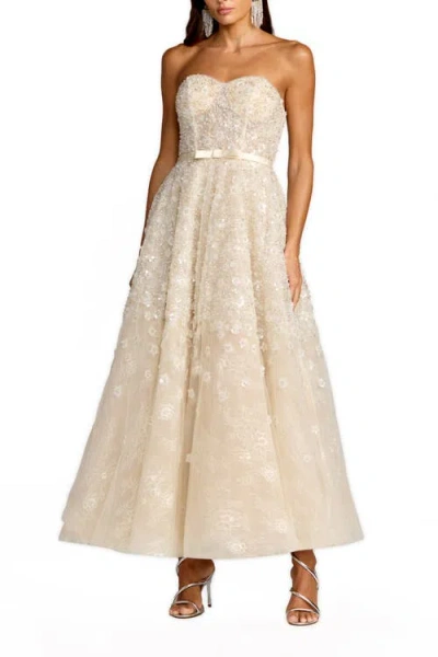 Mac Duggal Sequin Floral Strapless A Line Midi Dress In Neutral