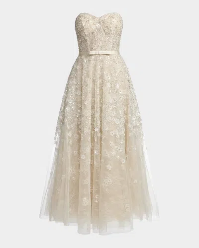 Mac Duggal Sequin Floral Strapless Gown In Gray