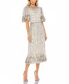 Mac Duggal Sequin Flounce Sleeve Midi Dress In Nude Silver In Neutral