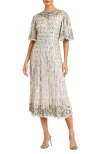 Mac Duggal Sequin Flounce Sleeve Midi Dress In Nude Silver In Neutral