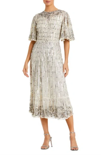 MAC DUGGAL MAC DUGGAL EMBELLISHED FLOUNCE SLEEVE MIDI DRESS