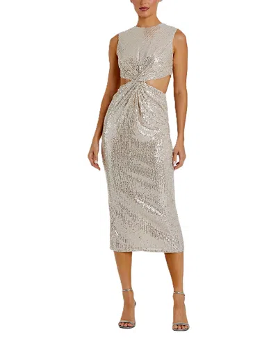 Mac Duggal Sequin Front Twist Cut Out Column Dress In Nude