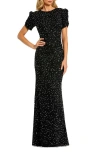 Mac Duggal Gathered Short Sleeve Beaded Gown In Black