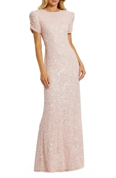 Mac Duggal Sequin Gathered Sleeve Column Gown In Blush