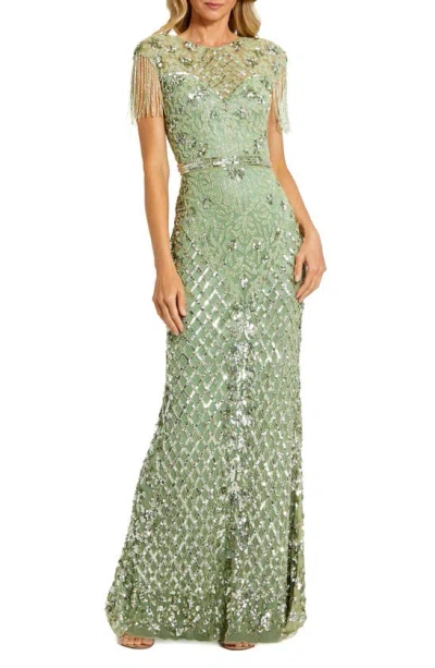 Mac Duggal High Neck Sleeveless Beaded Fringe Fitted Gown In Sage