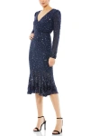 Mac Duggal Sequin Gown With Embellished Hemlin And Belt In Blue