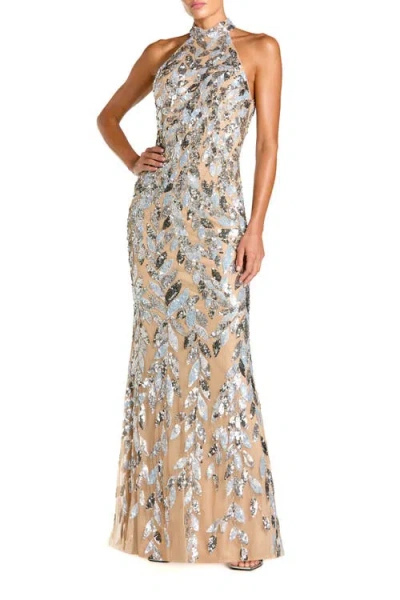 Mac Duggal Sequin Halter Column Gown With Open Back In Gray
