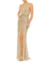 Mac Duggal Sequined Halter Strap Trumpet Gown In Gold Nude