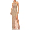 Mac Duggal One Shoulder Ruched Side Front Slit Sequin Gown In Copper