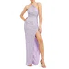 Mac Duggal One Shoulder Ruched Side Front Slit Sequin Gown In Lilac
