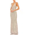 Mac Duggal Sequined Halter Strap Plunge Neck Gown In Rose Gold