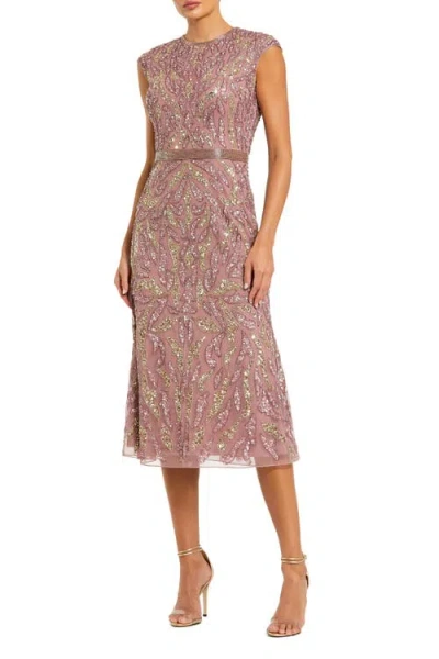 Mac Duggal Sequin High Neck Sleeveless Midi Cocktail Dress In Brown