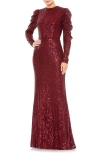 Mac Duggal Sequin Juliet Sleeve Trumpet Gown In Wine