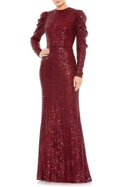 Mac Duggal Sequin Juliet Sleeve Trumpet Gown In Wine