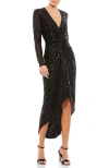 Mac Duggal Metallic Sequin Long Sleeve Faux Wrap Dress In Black