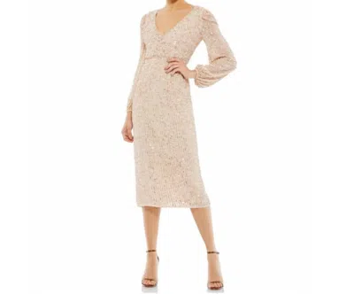 Mac Duggal Sequin Long Puff Sleeve Cocktail Midi In Nude In Brown
