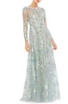 Mac Duggal Embellished V Neck Illusion Long Sleeve A Line Gown In Mist