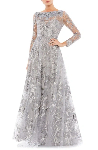 Mac Duggal Floral Rhinestone Embroidered Sweetheart Illusion Long Sleeve Gown In Sterling