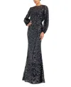 Mac Duggal Sequin Long Sleeve Blouson Evening Gown In Black
