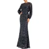 Mac Duggal Sequin Long Sleeve Blouson Evening Gown In Blue