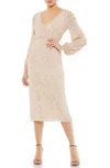 Mac Duggal Sequin Surplice Faux Wrap V Neck Blouson Sleeve Dress In Neutral