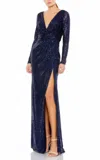 Mac Duggal Sequin Long Sleeve Gown With Plunging Neckline In Midnight Navy In Blue